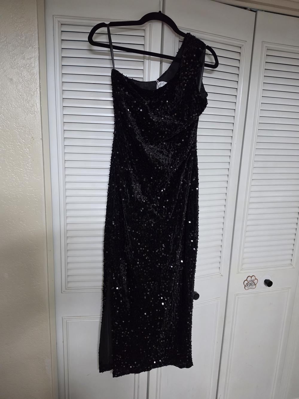Petal & Pup Black Sequin One-Shoulder Midi Dress